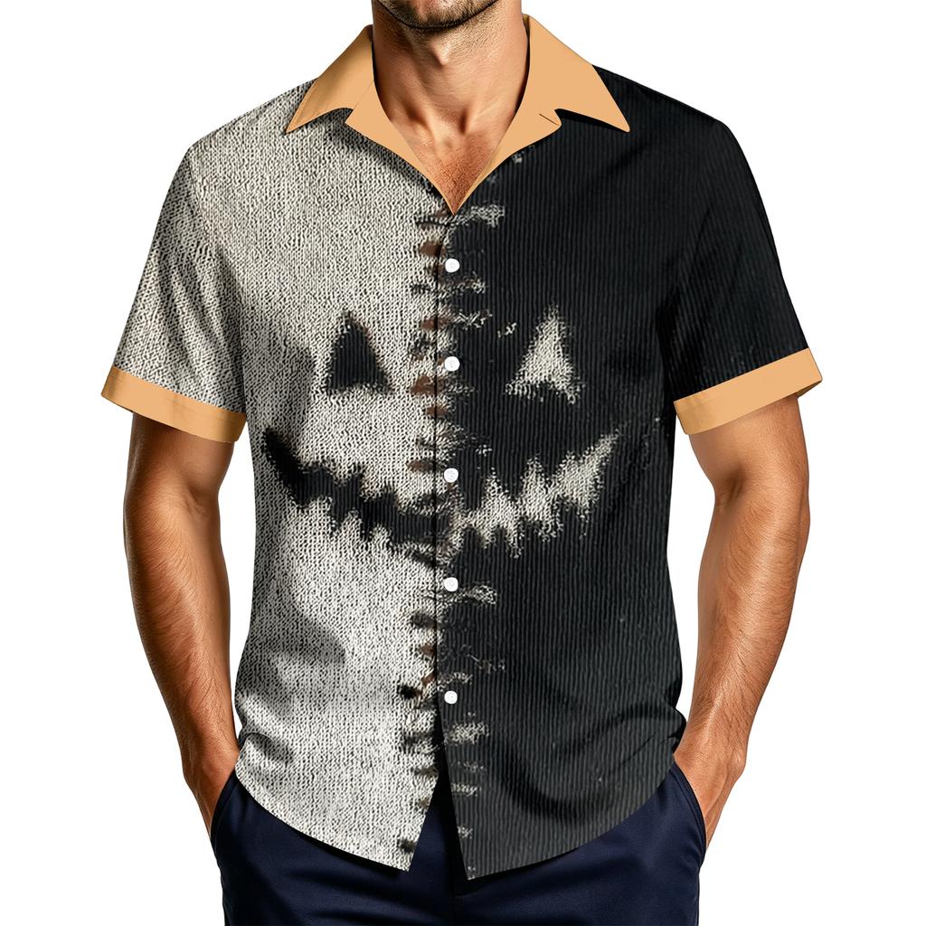 Men's Casual Short Sleeve Halloween Print Shirt for Holiday Party Wear