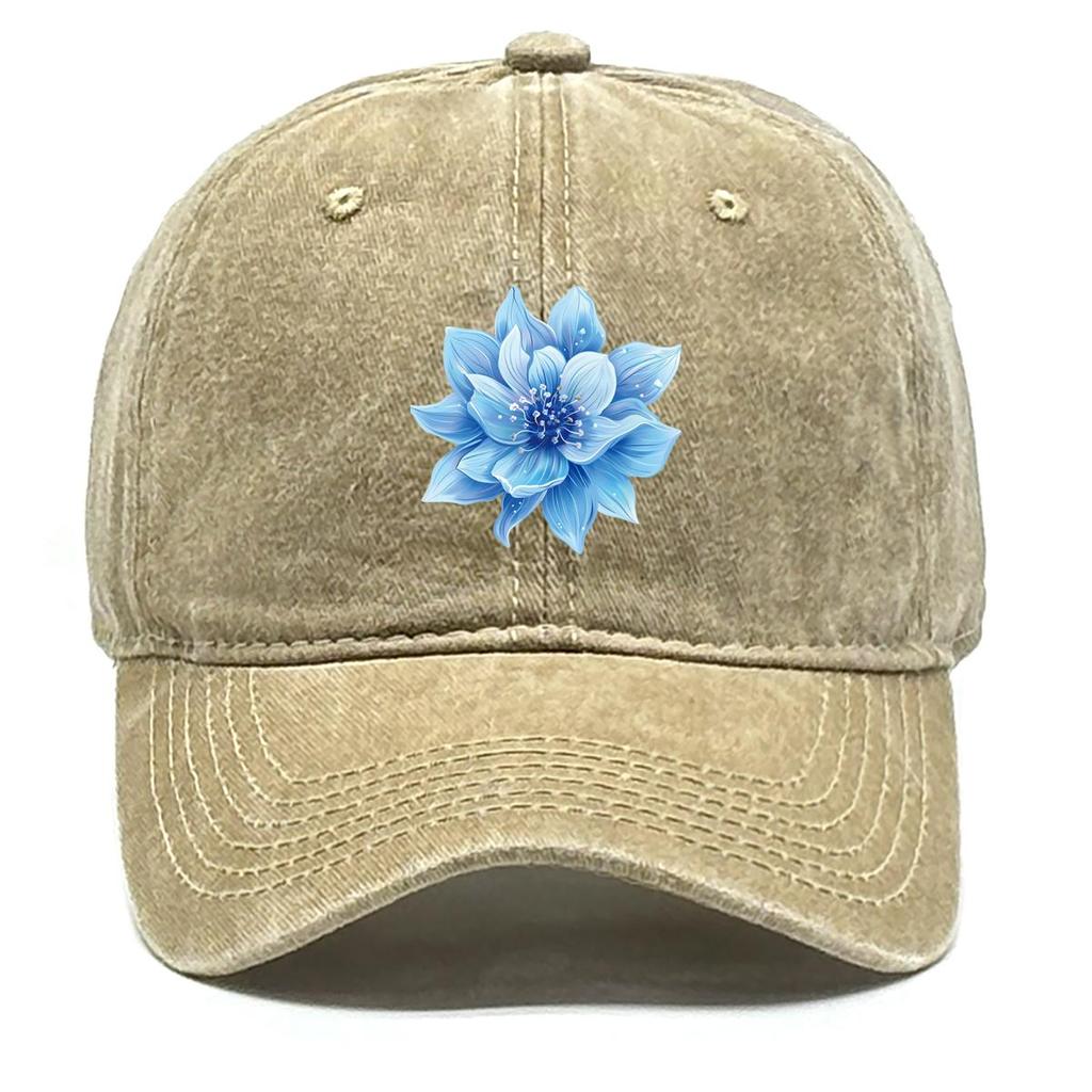 Blue Flower Print Adjustable Baseball Cap, Trucker Hat Raw Brim Simple Retro Casual Snapback Sun Hat