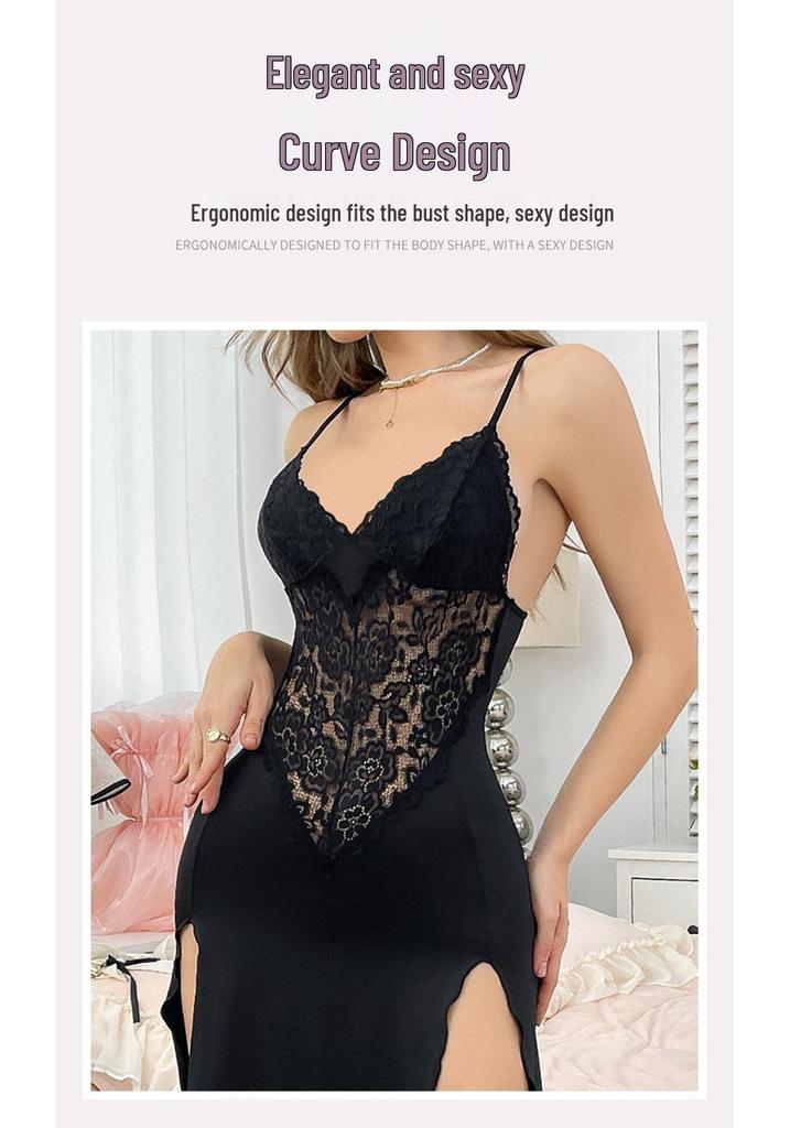 Lace See-Through Sexy Long Nightgown with Mesh and Slit