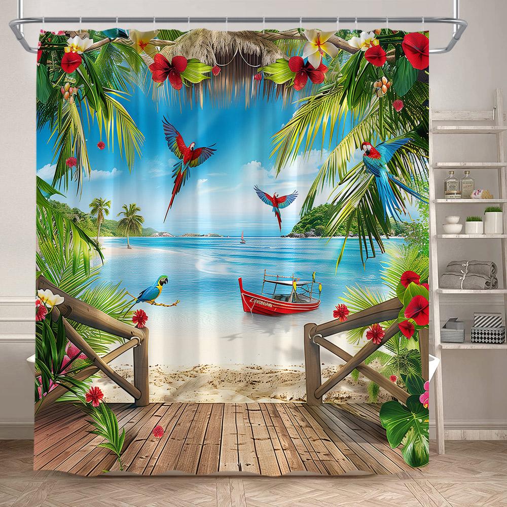 Beach Island Shower Curtain Tropical Palm Leaves Plants Flowers Parrots Blue Ocean Scenery Bathroom Curtains Fabric Home Decor