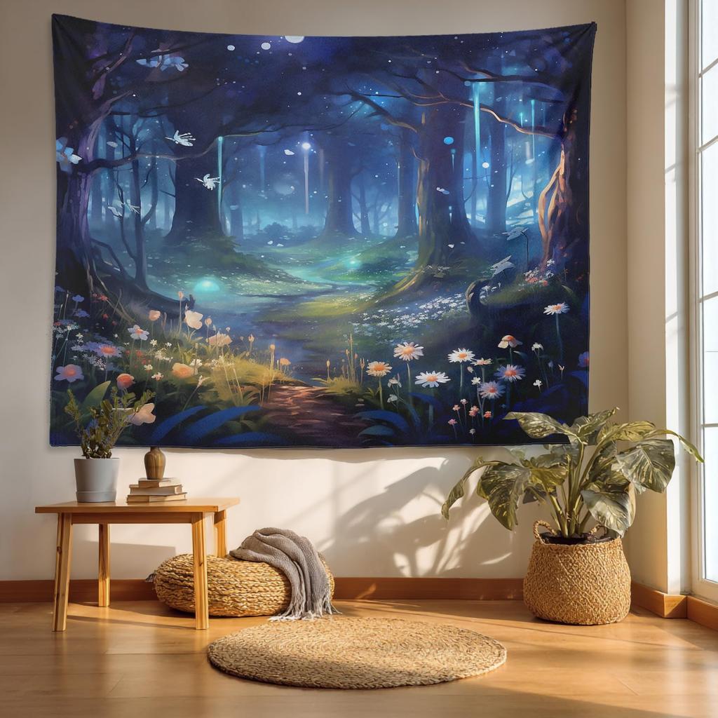 Navy Blue Watercolor Mountains Tapestry, Sky Wall Art Hanging Decoration Polyester Fiber White Ruffled Around For Dorm Room
