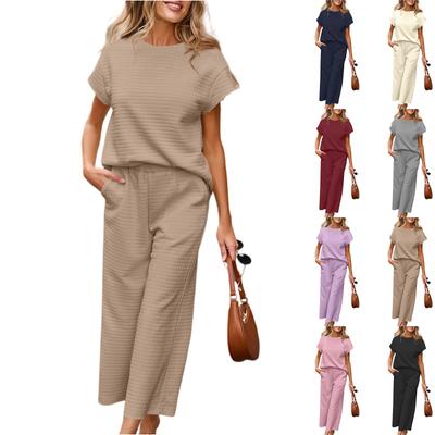 Women's Sports Casual Two-piece Suit Round Neck Short Sleeve Wide Leg Sports Pants Casual Suit