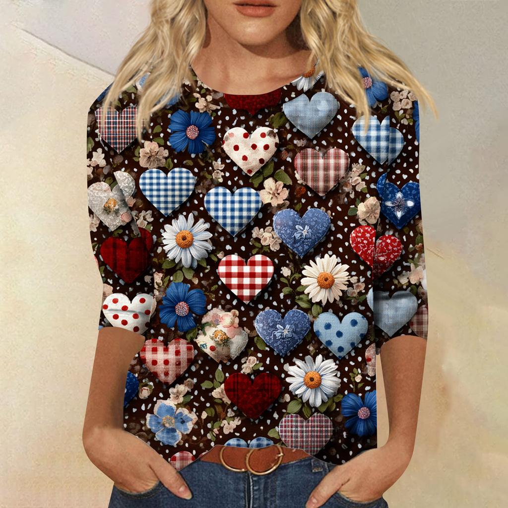 Women's Tops Three-quarter Sleeve Shirt V-neck Loose Casual Shirt Print T-shirt