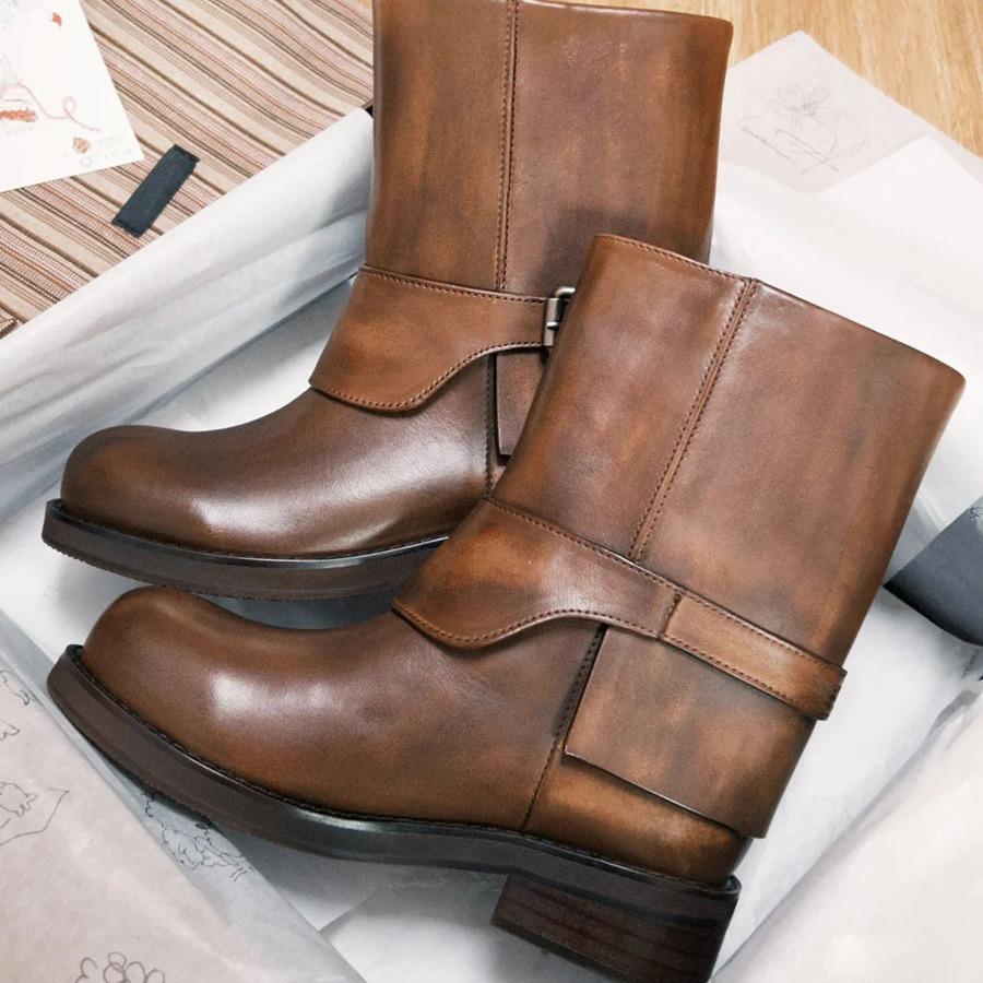 

Retro polished round head Martin boots thick heel belt buckle western cowboy short boots thin inner heightening buckle belt Martin boots 40