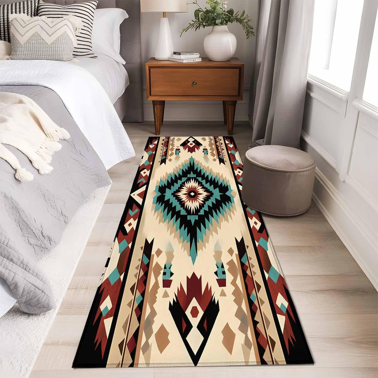 

Bohemian Ethnic Runner Rugs Geometric Pattern Retro Floor Mat Non-Slip Soft Indoor Home Decor for Bedroom Bedside Hallway 40X120CM