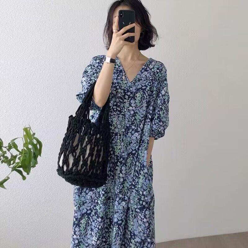 DIMANAF 2025 Women Plus Size Summer Dress Casual Floral Puffsleeve Dress Basic Vintage Loose Long Dress