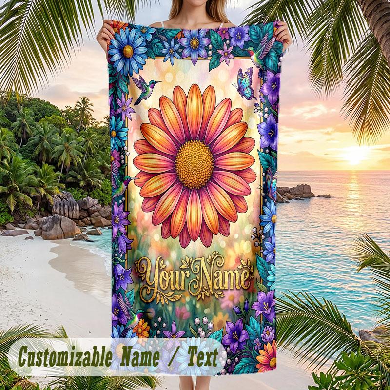 Floral Fantasy Garden 8 Theme Quick Dry Beach Towel Custom Name Text Print Large Sand Resistant Towel Beach Vacation
