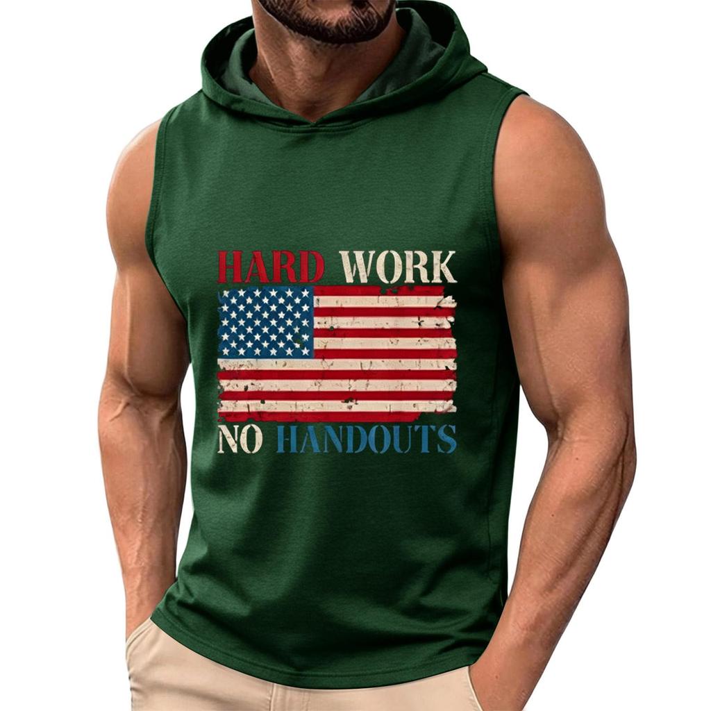 Men's Sleeveless Hoodie Tank Top Casual Muscle Shirt with American Flag Graphic Print Hard Work No Handouts Design for Summer