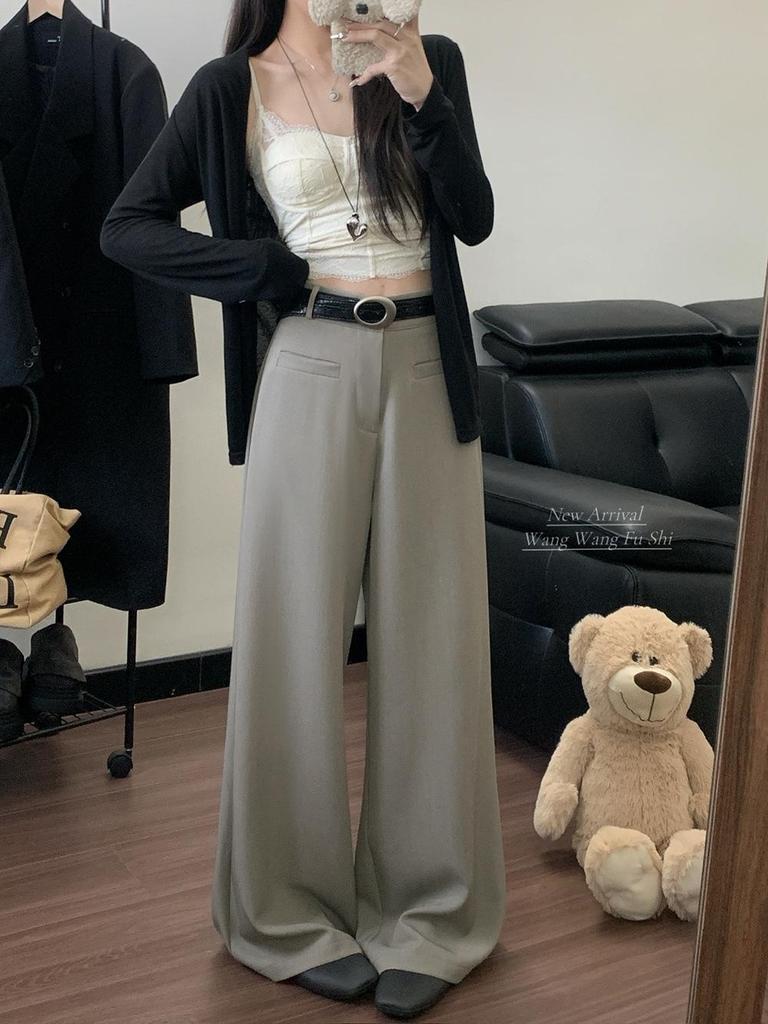 High-Grade Gray Wide-Leg Suit Pants - Women's Spring 2026 Drape Loose, Floor-Length Casual Trousers