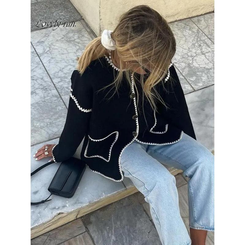 Шикарные карманные лоскутные вязаные укороченные куртки Женский однобортный кардиган — фото 5