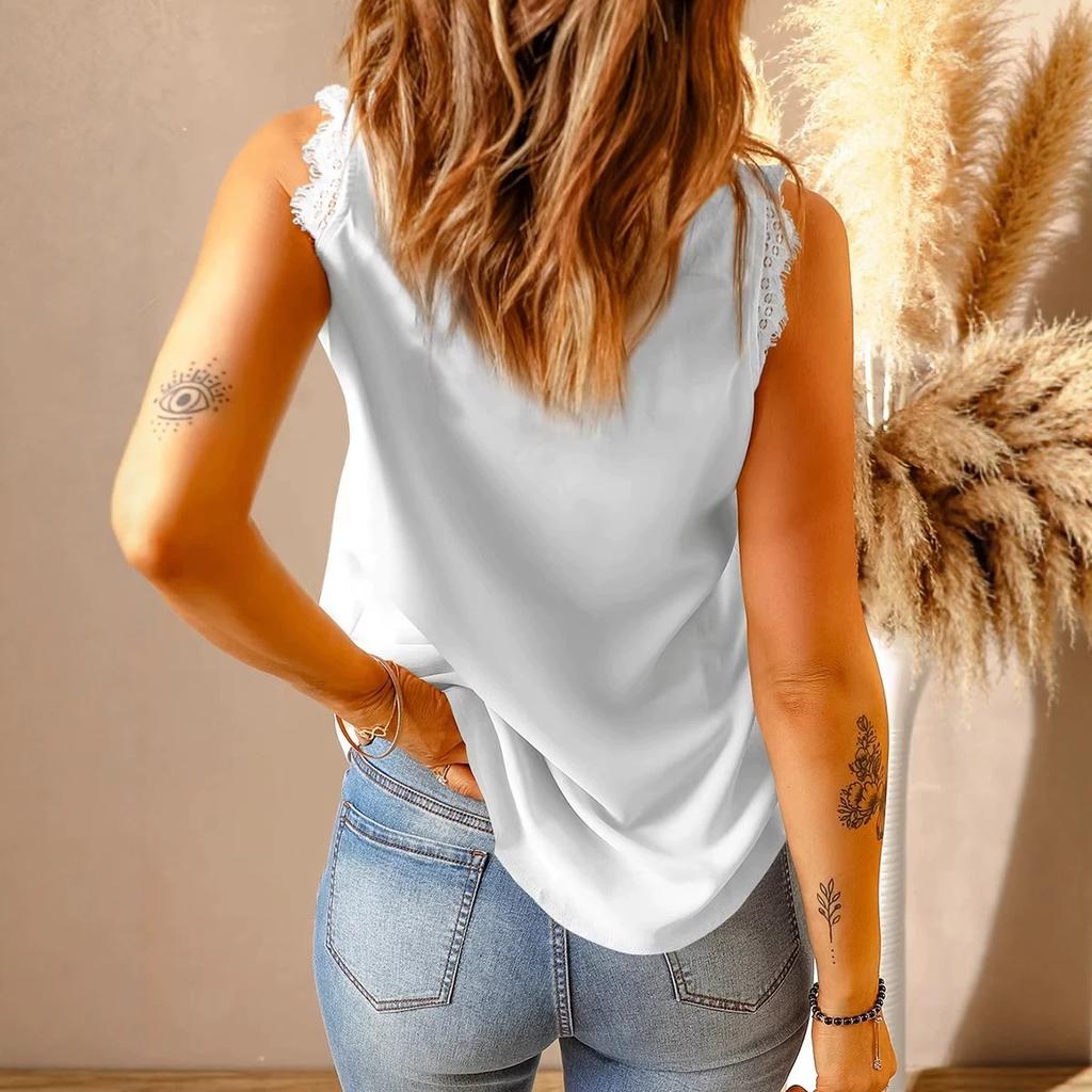 Women's V Neck Sleeveless Tank Top Loose Lace Trim Solid Color Casual Camisole