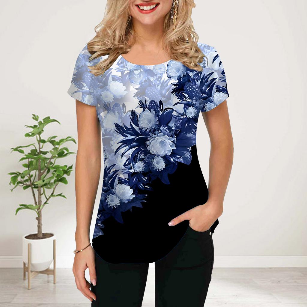 Women Summer T Shirt Blue Beautiful Peach Blossoms Print Short Sleeve Tees Casual Printed Tops