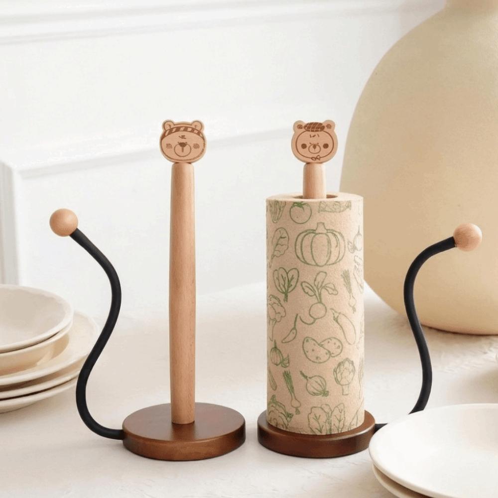 Free Standing Wooden Roll Paper Towel Holder Stable One-handed Tear Disposable Paper Holder Decorative Cartoon Bear