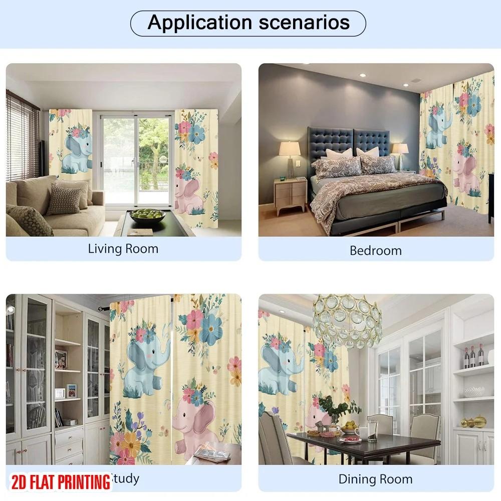 JIT 2pcs Blooming Floral Elephant Curtains   Room Darkening   Linen Blend   Nursery Decor   Rod Pocket Curtains