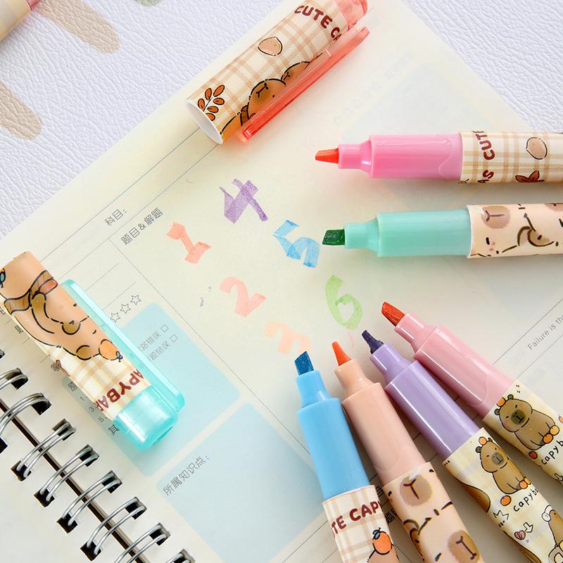 6Pcs Cartoon  Capybara Highlighters Set Cute Creative Mini Painting Marker Pens Office Supplies Student Stationery Gifts