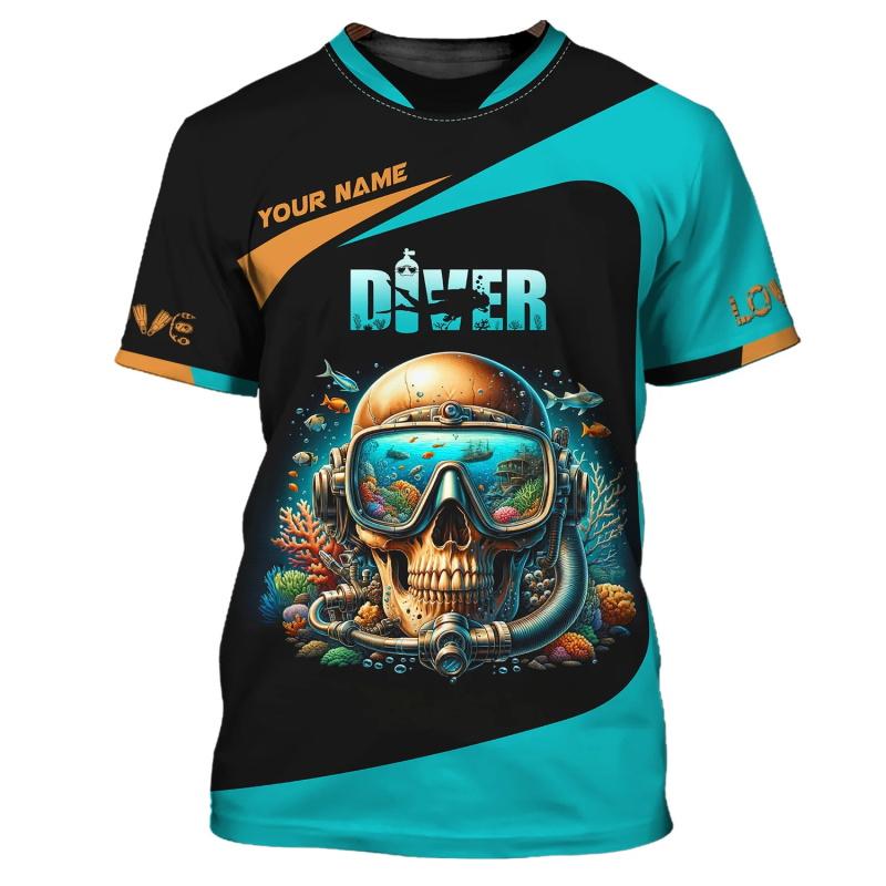 Custom Name Diving T Shirt For Men Women Full Print Scuba Diving Tshirts Gift For Divers Short Sleeve Men's Tshirt Streetwear