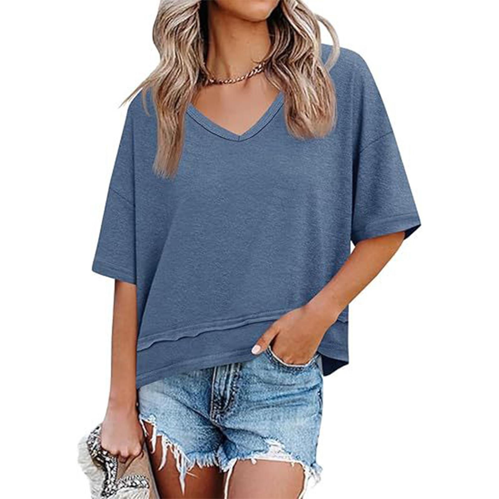 Women s Fashion Color V,neck Mid Sleeve Hem Splicing Loose T,shirt Top S синий