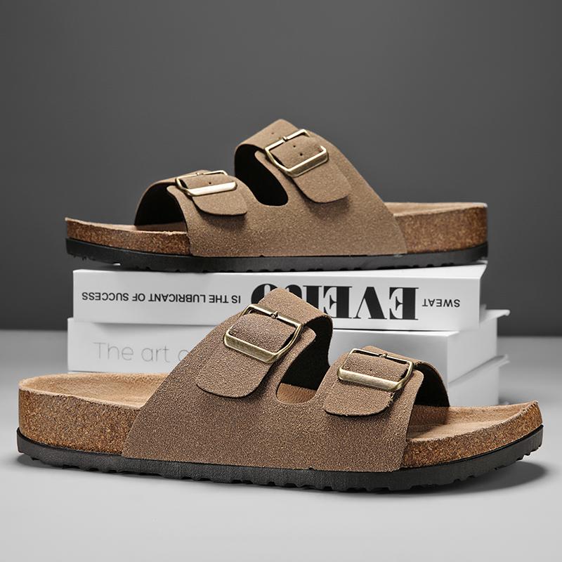 Mens Slippers Arch Support Slip-on Suede Shoe Crestar Cork Footbed Arizona Sandals for Women Solid Color Double Button Slippers