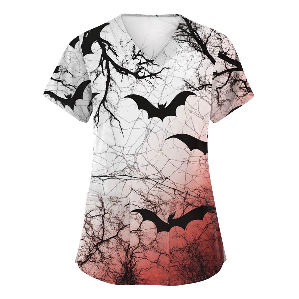 Women's Fashion V-neck Short-sleeved Work Uniform With Pockets, Halloween Print Top