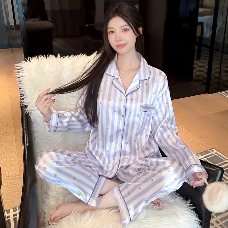 Spring Summer Purple Striped Pajamas Set for Women Sleepwear Long Sleeve Button Top and Long Pants Set Homewear Loungewear