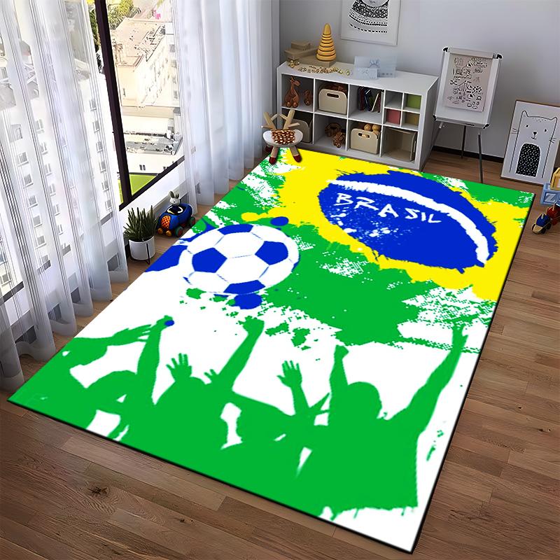 Fußballteppich inspiriert von der brasilianischen Flagge mit grünem, gelbem und blauem Design, geeignet als Antirutsch für Wohnzimmer, Schlafzimmer, Sofas