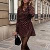 Spring Autumn Women's Brown Polka Dot Long Sleeve V Neck Tie Waist A Line Mini Dress