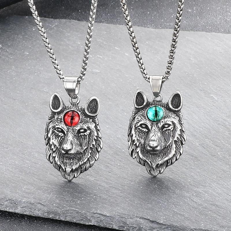 Hongtu Jewelry Cat's Eye Stone Wolf Head Pendant Punk Style Old Wolf Totem Wolf Head Trendy Men's Necklace