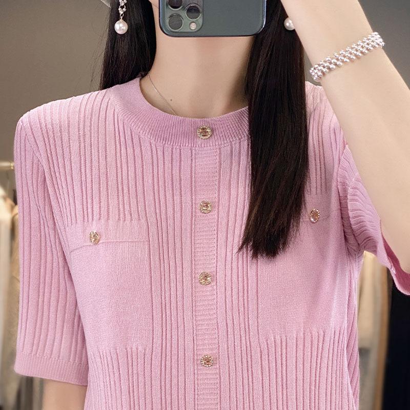 

Round Neck Small Fragrance Binge Silk Sweater for Women In Summer New Slim and Versatile Thin Inner T-shirt Top XXL розовый