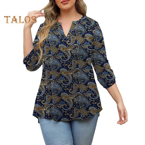Women Shirt V-neck 3/4 Roll-Up Sleeves Lightweight Tops Flower Print Flowy Hem Tunic Tops Daily Wear