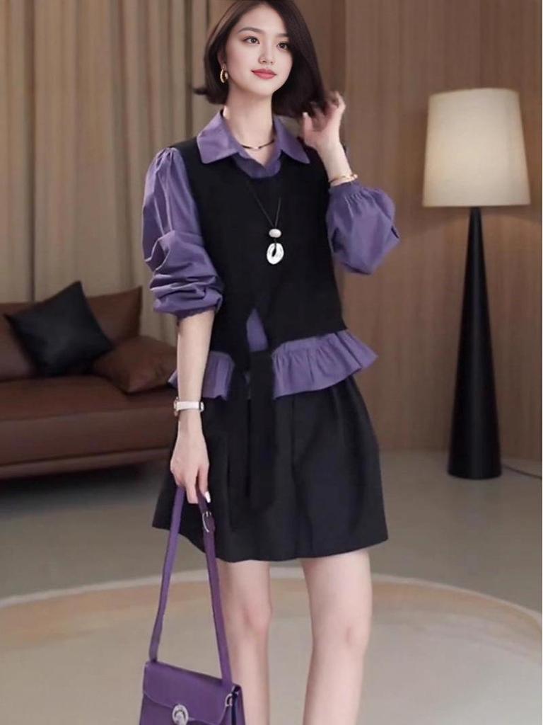 2025 Women’s Autumn School Style OOTD: Layered Knit Vest & Shirt Two-Piece Set