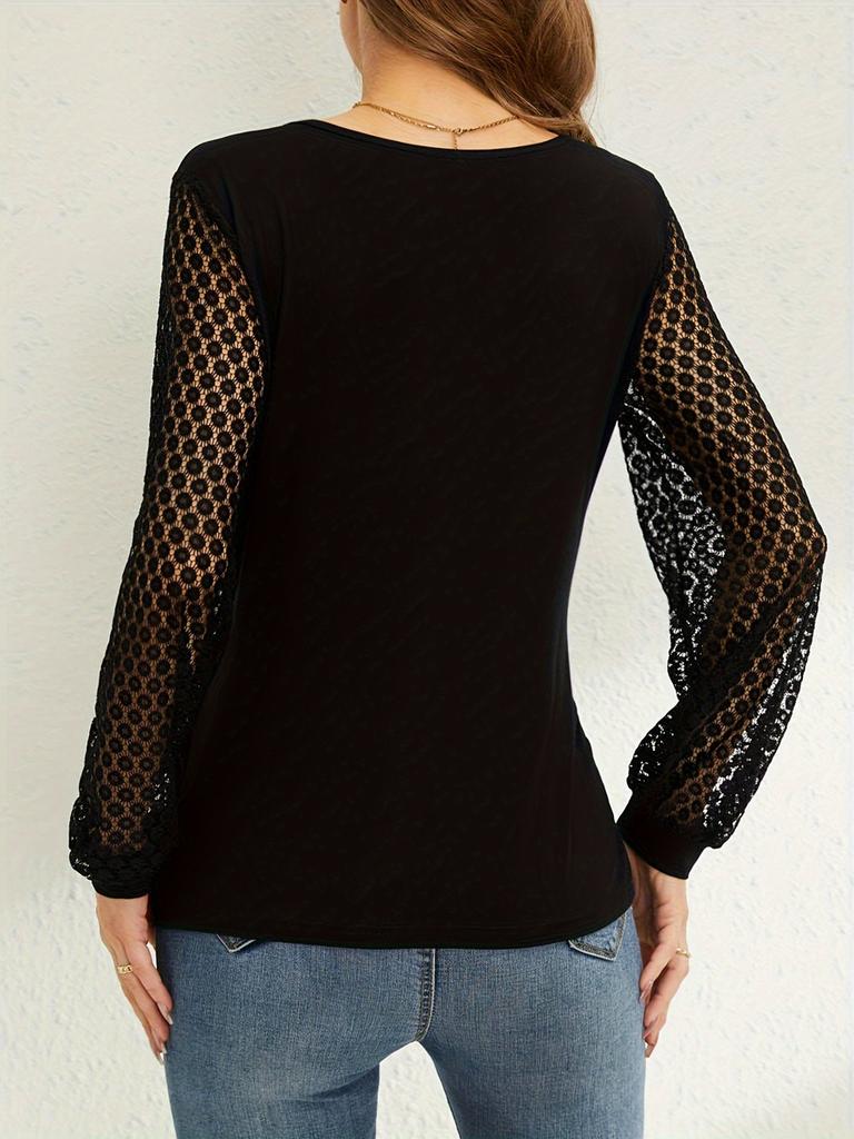 Spring New Arrivals Solid French Patchwork Lace Puff Sleeve Loose Cross T-Shirt Women Top