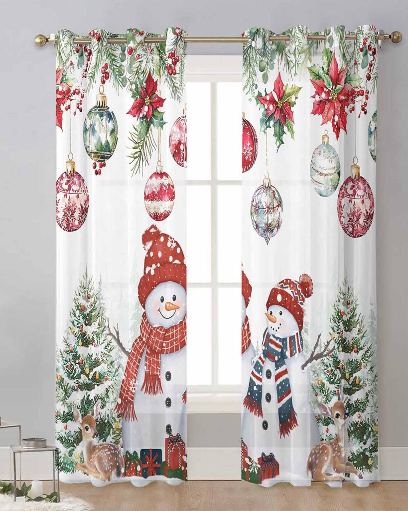 Snowman Deer Christmas Tree Ball Poinsettia Sheer Curtains Living Room Decoration Window Curtains Kitchen Tulle Voile Curtains