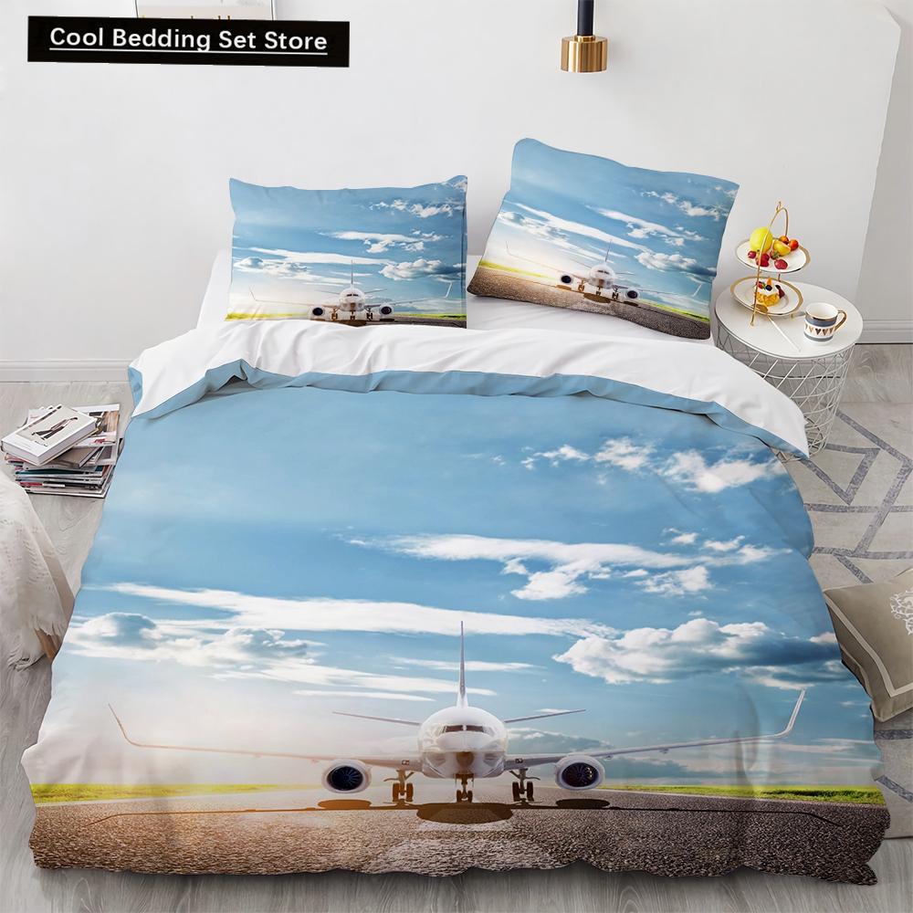 3D Airplane King Queen Duvet Cover Pink Airliner Bedding Set for Adults Sky Sea Natural Landscape 2/3pcs Polyester Quilt Cover