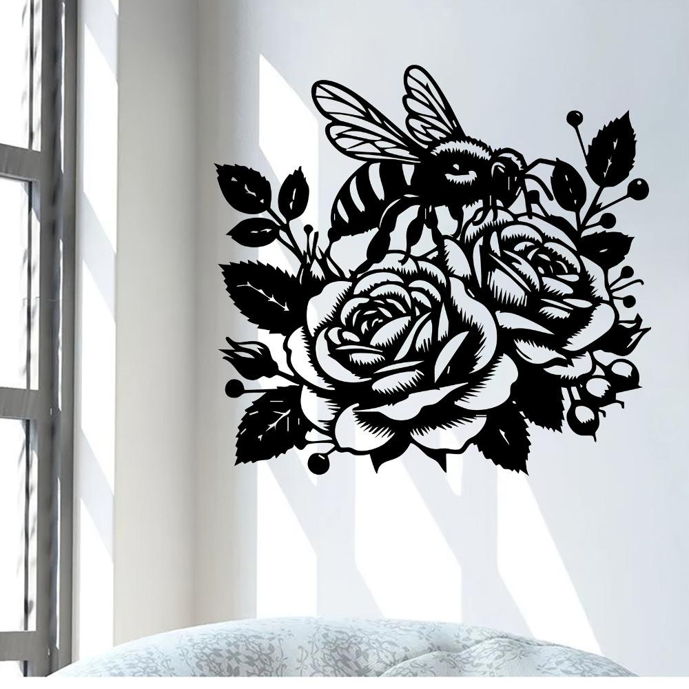 1pc Bee and Rose Metal Wall Art, Weather Resistant Iron Sculpture for Garden Patio Fence, Valentine Wedding Outdoor Decor