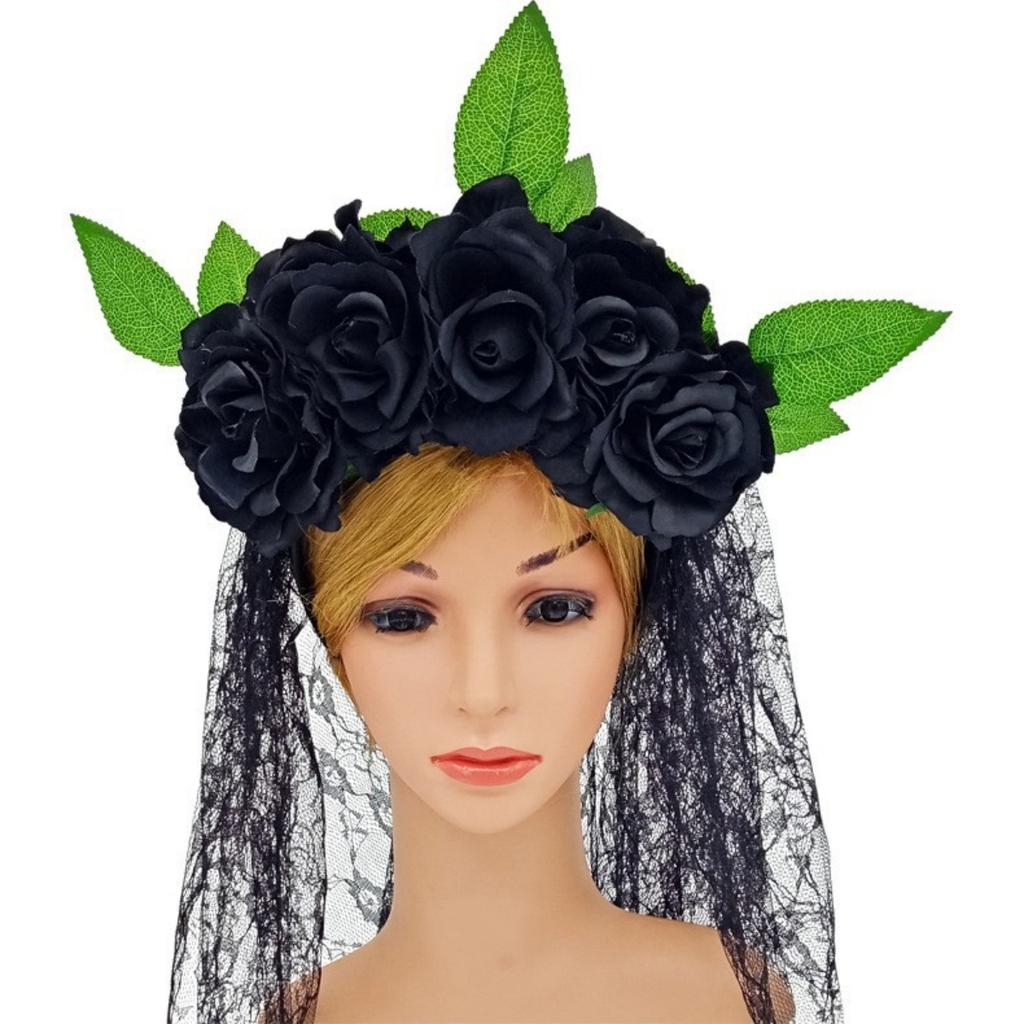 Halloween Headband Wreath Simulated Rose Flower Headband Lace Veil Bridal Party Headband Headband