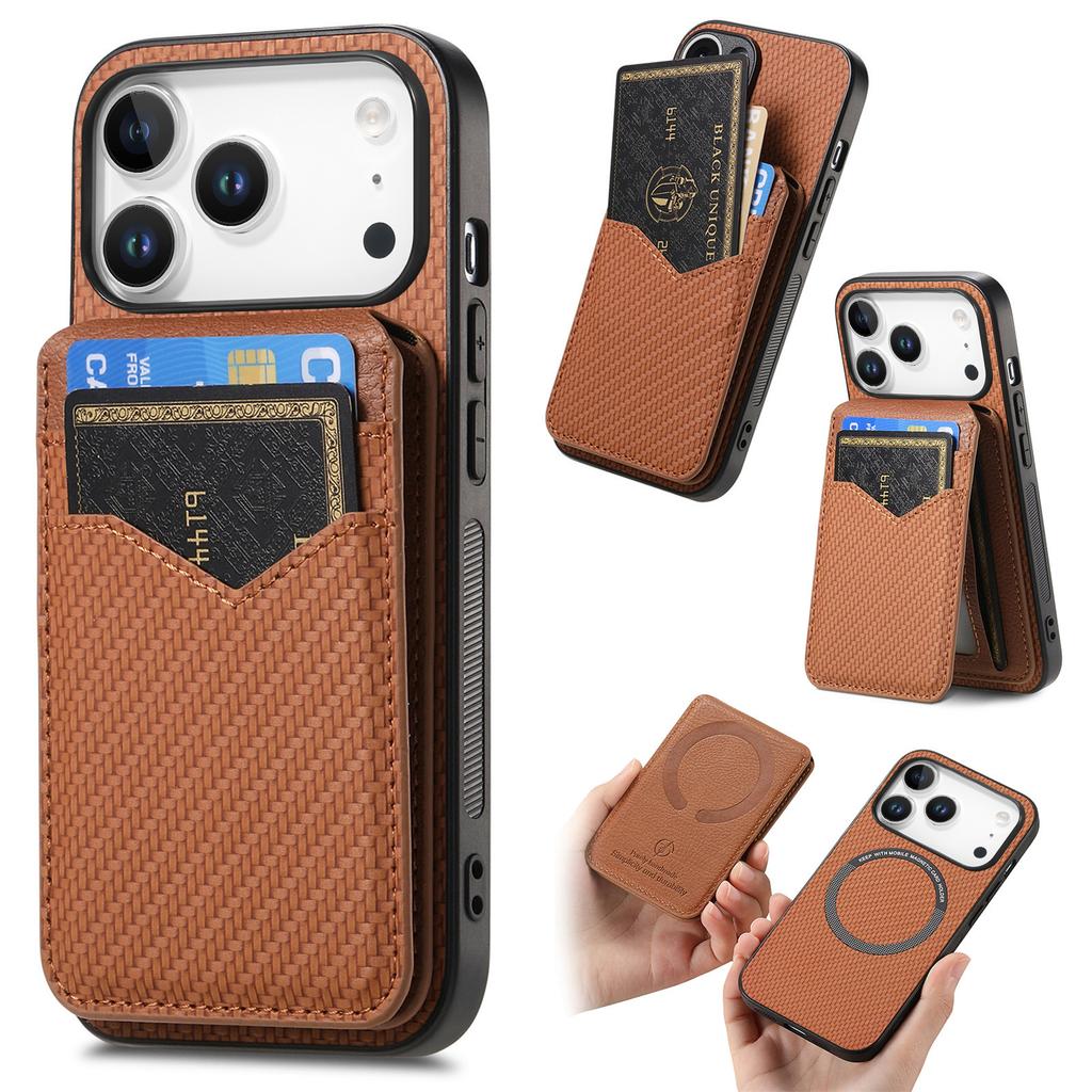 For iPhone 17 Pro Magnetic Case Carbon Fiber Texture Back Cover with Detachable Card Holder