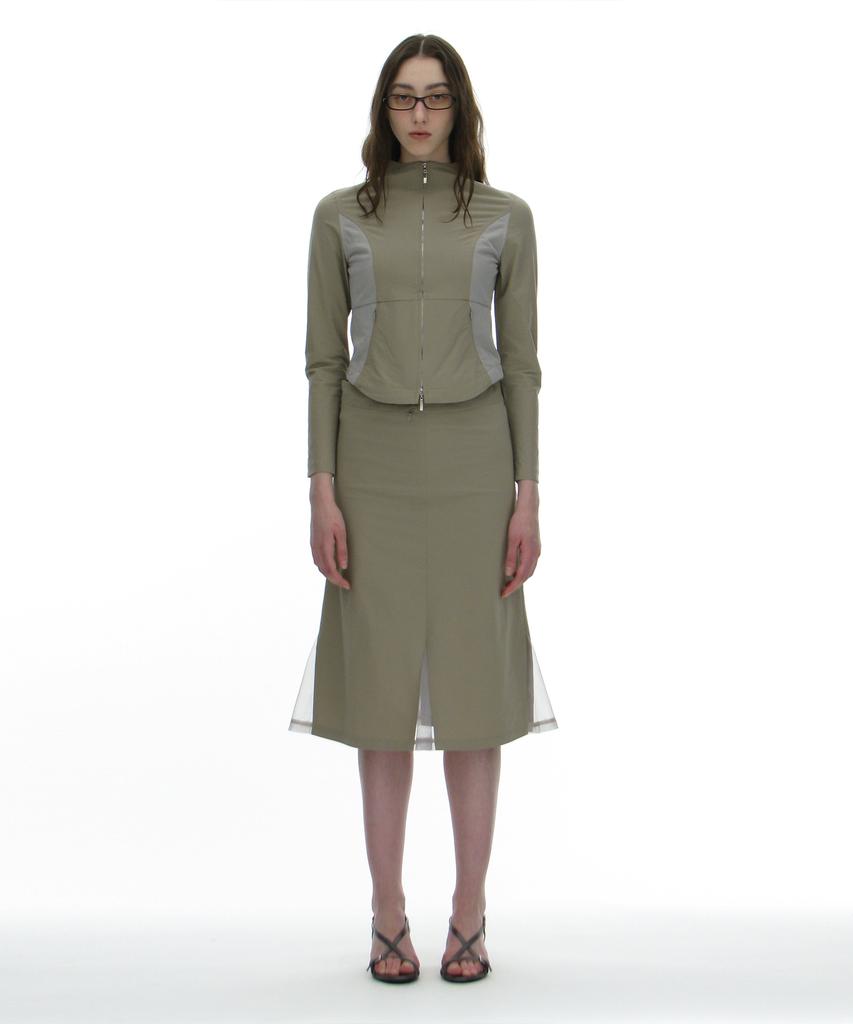 Partimento Woman Mesh Layer Gored Midi Skirt_Light Khaki