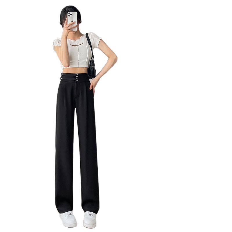 Khaki Women's High Waist Wide Leg Ice Silk Pants - Slim Fit, Floor Length, Casual Suit Style