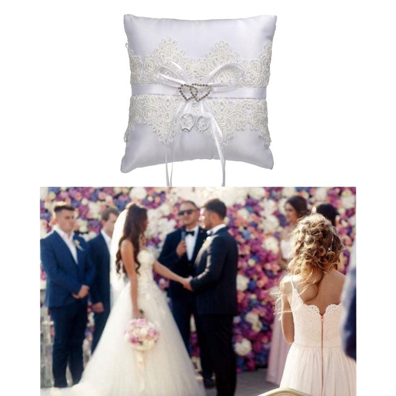 15cm Elegant Double Heart Rings Cushion Decor Delicate Lace Rings Pillow Bridal Rings Pillow for Wedding Dating Ceremony