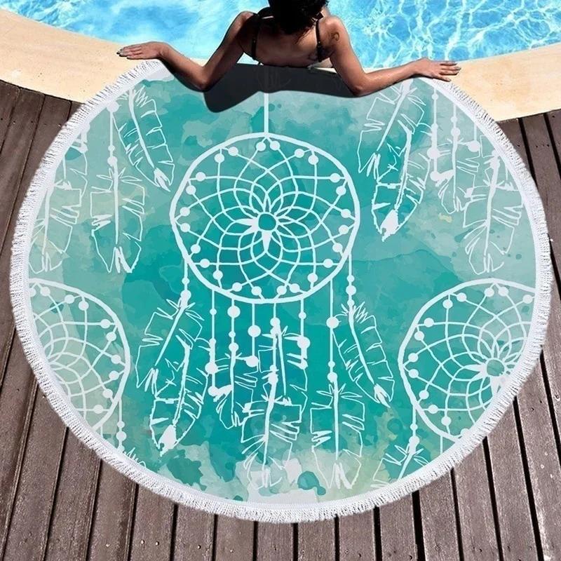 Round Beach Towel With Tassel Dream Catcher Microfiber For Swimming Bath Picnic Sandless Wall Tapestry Blanket