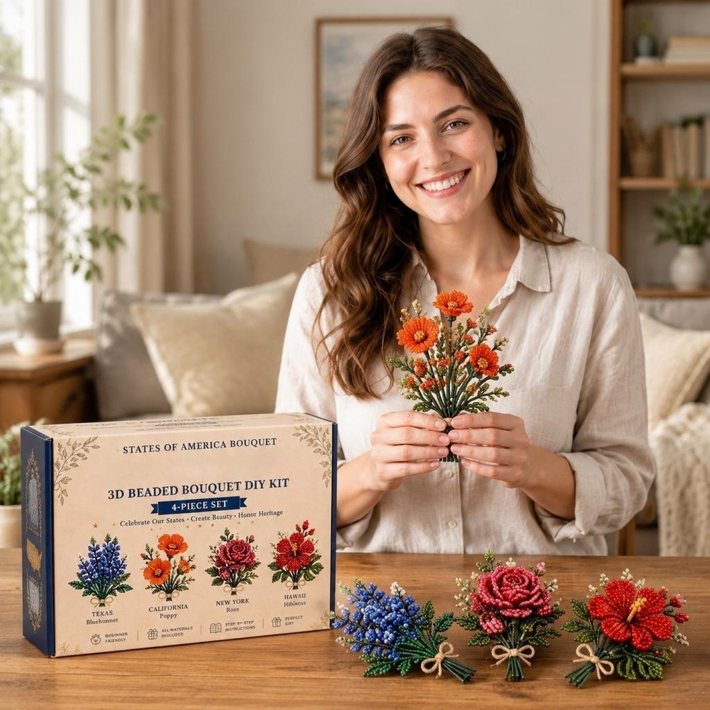 Kit Fai da Te Bouquet di Fiori con Perline 3D Set di 4 Pezzi per Creazioni Floreali Artigianali e Progetti Patriottici per la Decorazione della Casa