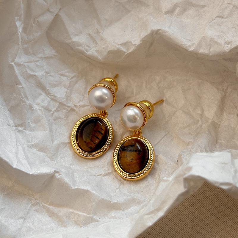 S925 sterling silver needle Maillard pearl earrings women's retro relaxed temperament natural tiger's eye stone earrings