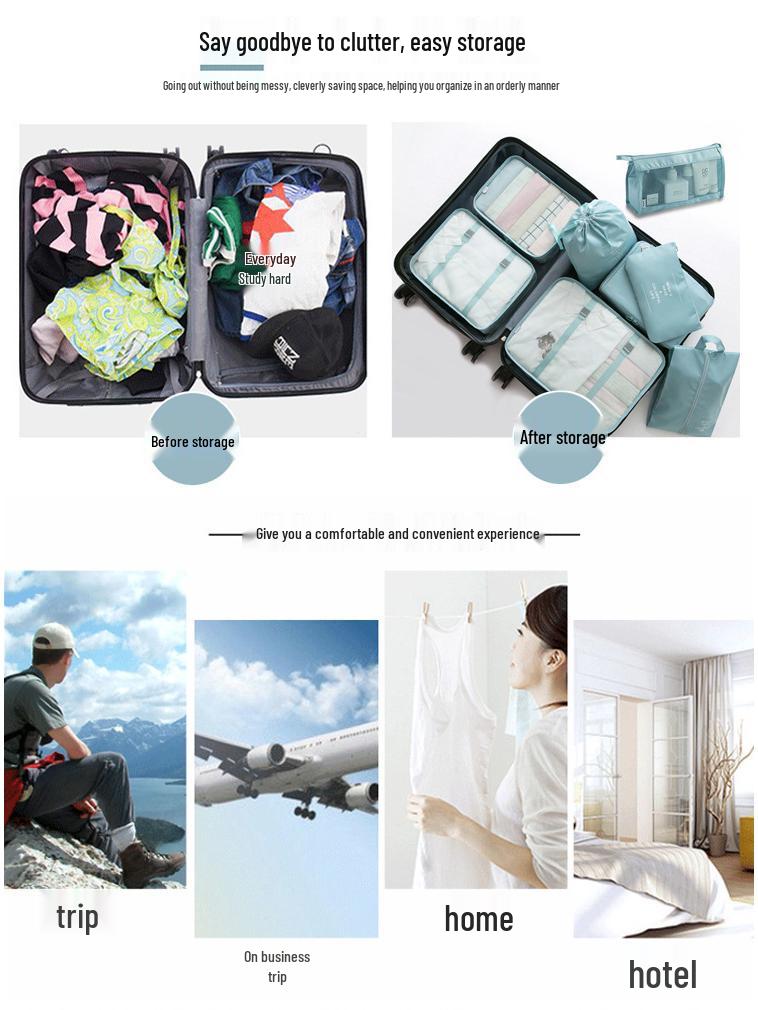 Eight-Piece Travel Organizer Set: Storage Bags & Makeup Bag for Clothes and Accessories.