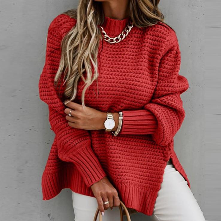 2025 Autumn/Winter Women's Chunky Knit Side-Slit Sweater: Semi-High Neck, Loose Fit, Solid Color, Long Sleeve.