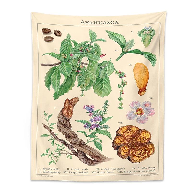 Ayahuasca Botanical Tapestry Wall Hanging Vintage Print Floral Illustration Flower Reference Chart Wall Cloth Art INS Home Decor