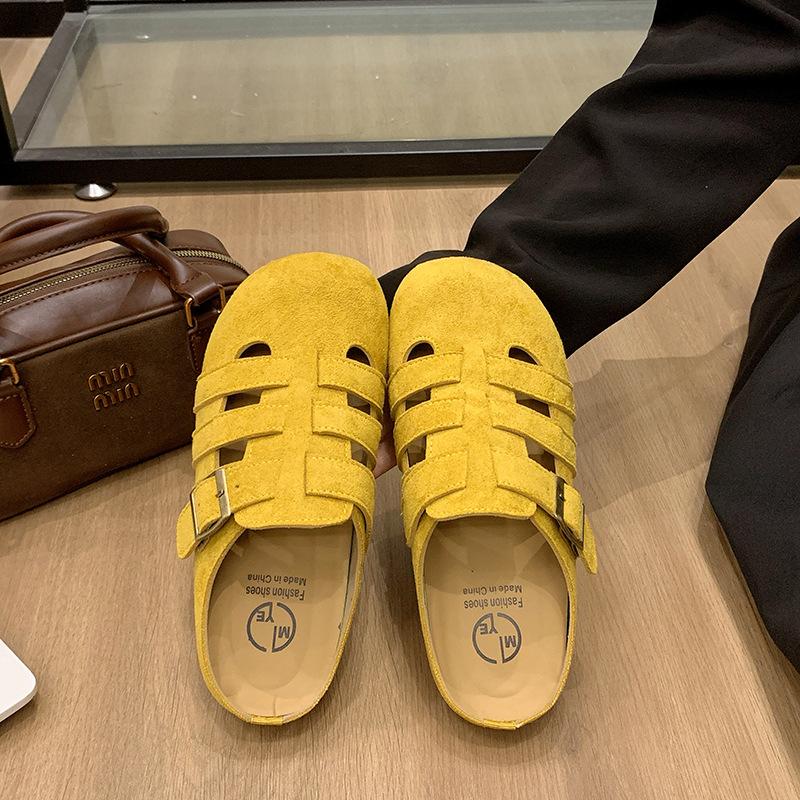 Baotou half single shoes women's summer 2025 new soft leather pig cage shoes platform non-slip sandals one pedal Boken shoes