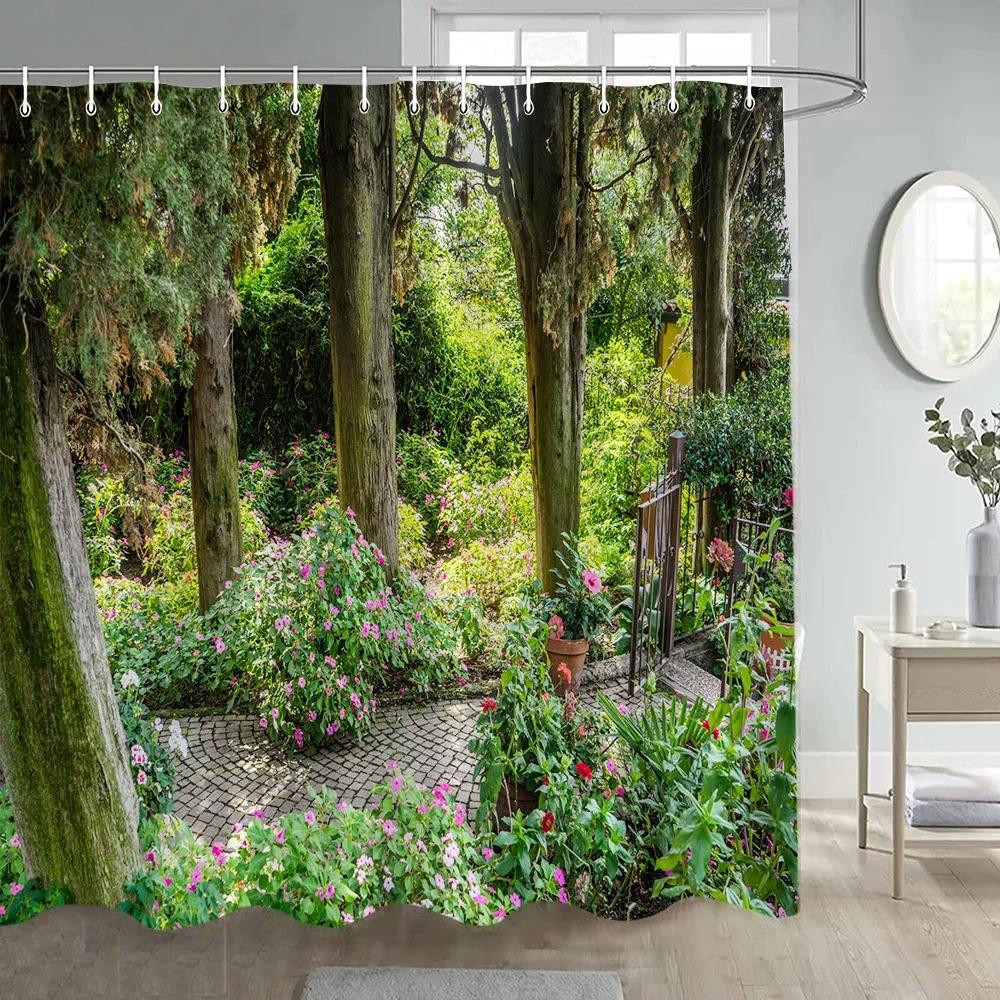 Forest Shower Curtains Sunshine Green Trees Plants Brown Window Nature Landscape Polyester Bathroom Curtain Set Decor with Hooks