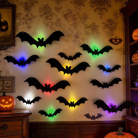 Mysteriöse Heimdekorationen Halloween 3D Leuchtende Fledermaus Wanddeko, Abnehmbare Filz Fledermaus Aufkleber, Verschiedene Montierte Verzierungen Größe, LED Leuchtend
