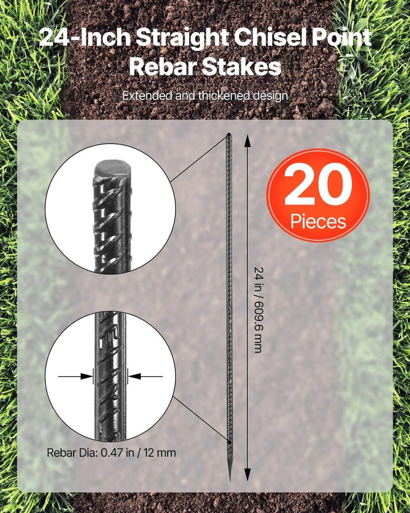 24-Inch 20 Pack Rebar Stakes Heavy Duty Straight Galvanized Ground Anchors