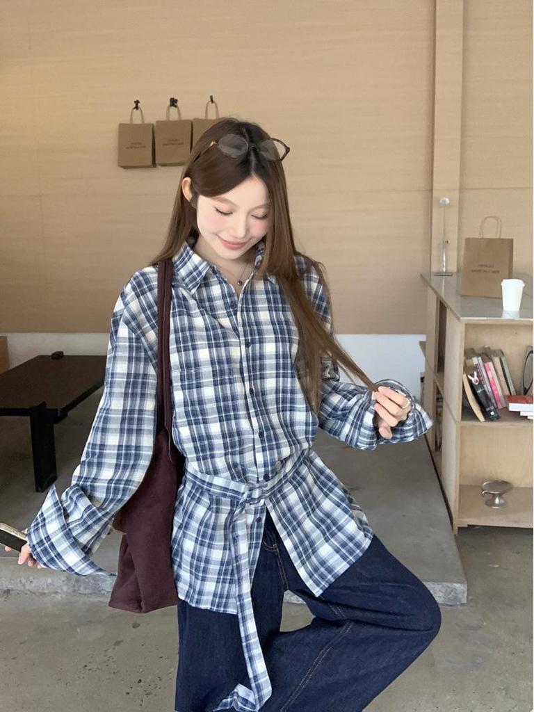 Women's Retro Korean Blue Plaid Tie-Waist Shirt - Long-Sleeve Top for Spring/Autumn 2026